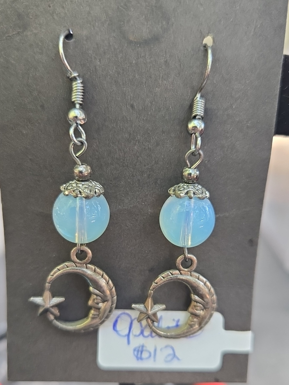 Silver Moon & Star Drop Earrings with Opalite Beads: G